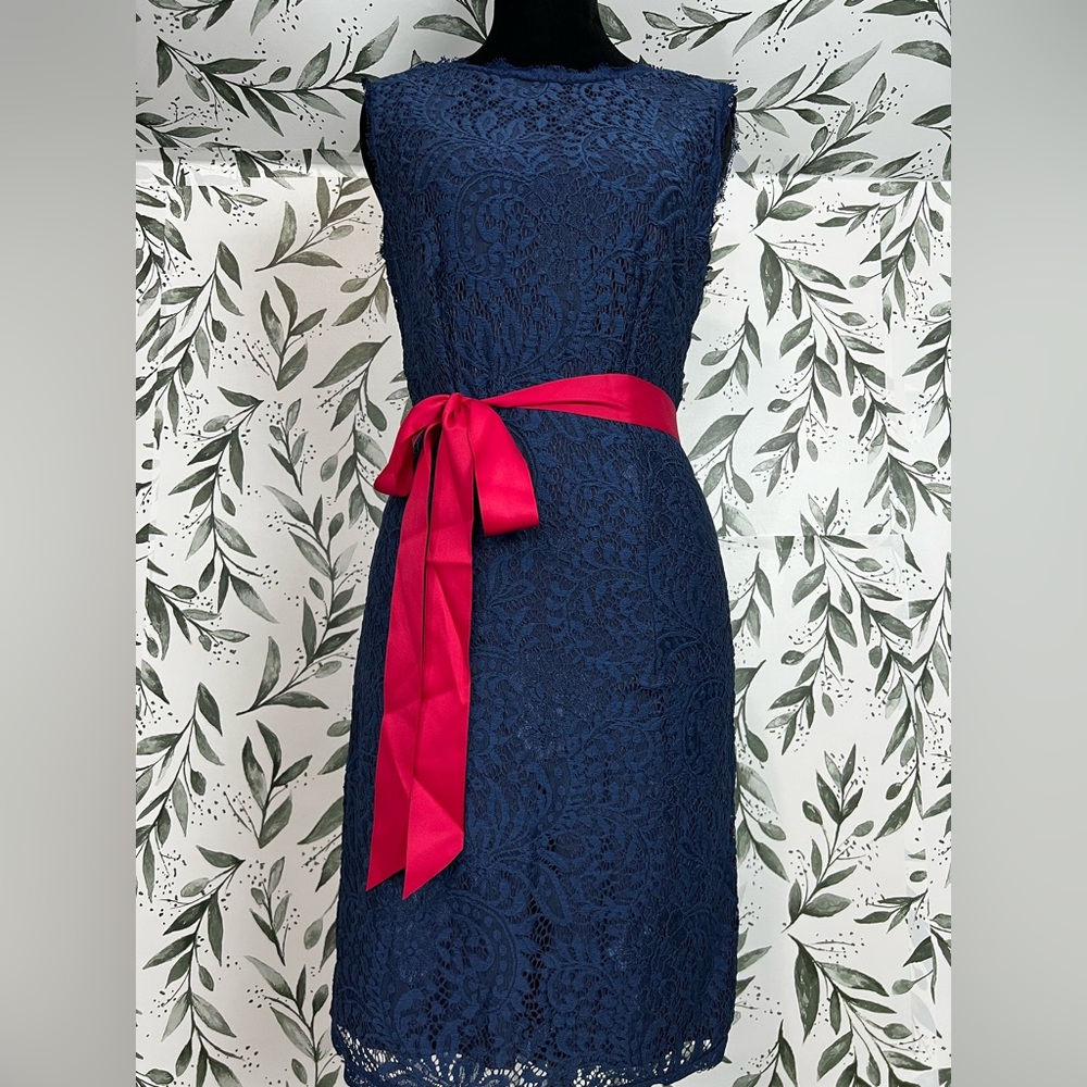 Retro Vintage Navy Blue Lace Sleeveless Dress Vibrant Red Satin Sash Size M #D - Picture 2 of 11